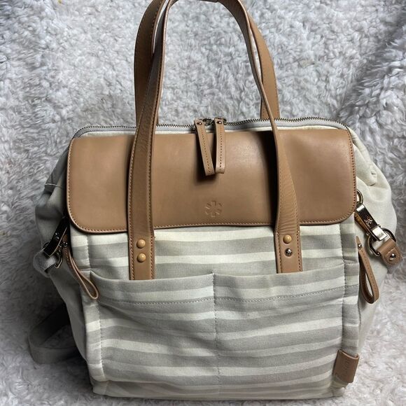 Skip Hop High line convertible Diaper Bag Beige & gray canvas tan leather straps - Picture 3 of 16